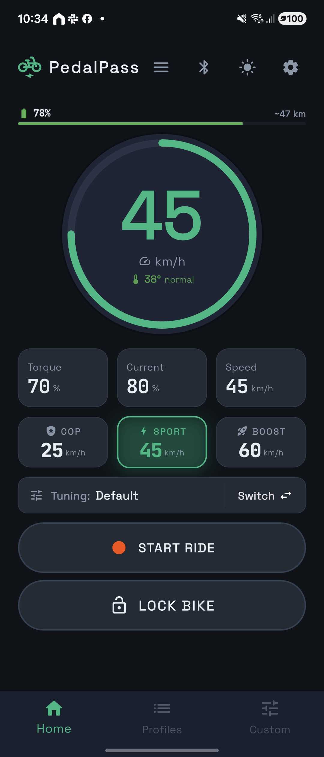 ePedalPass app home screen showing 45 km/h speed, battery 78%, Sport profile active