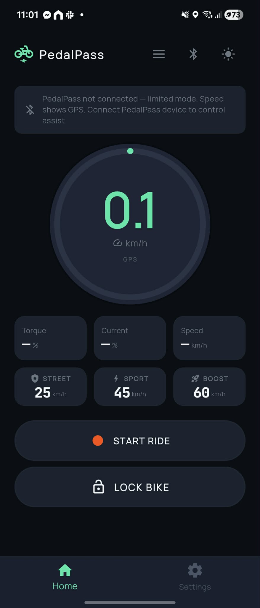 ePedalPass app home screen on Android — mint-themed speed dial with Torque, Current and Speed cards and one-tap Street, Sport and Boost presets