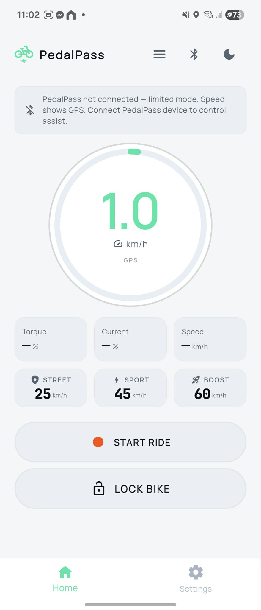 ePedalPass home screen in light theme — same mint-themed dashboard with a lighter background for daylight rides